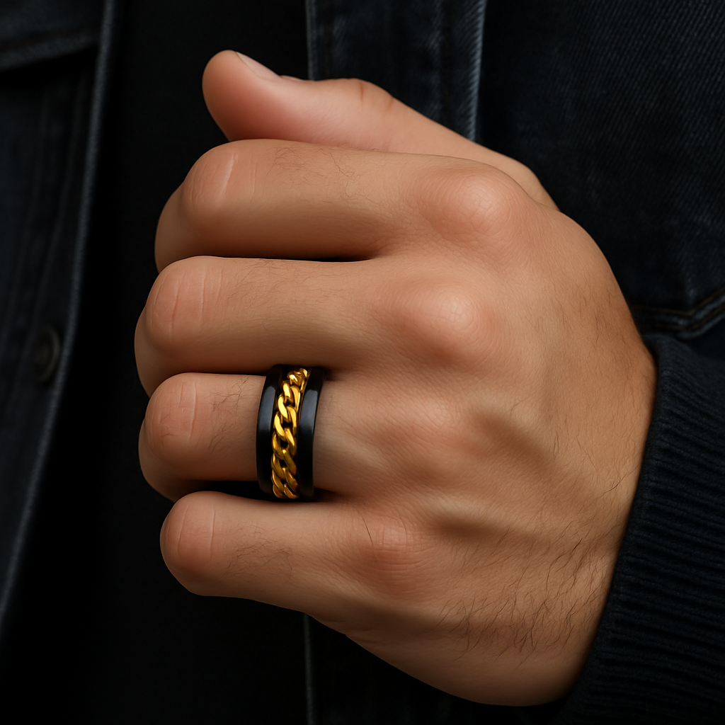 Black and Gold Chain Spinner Ring